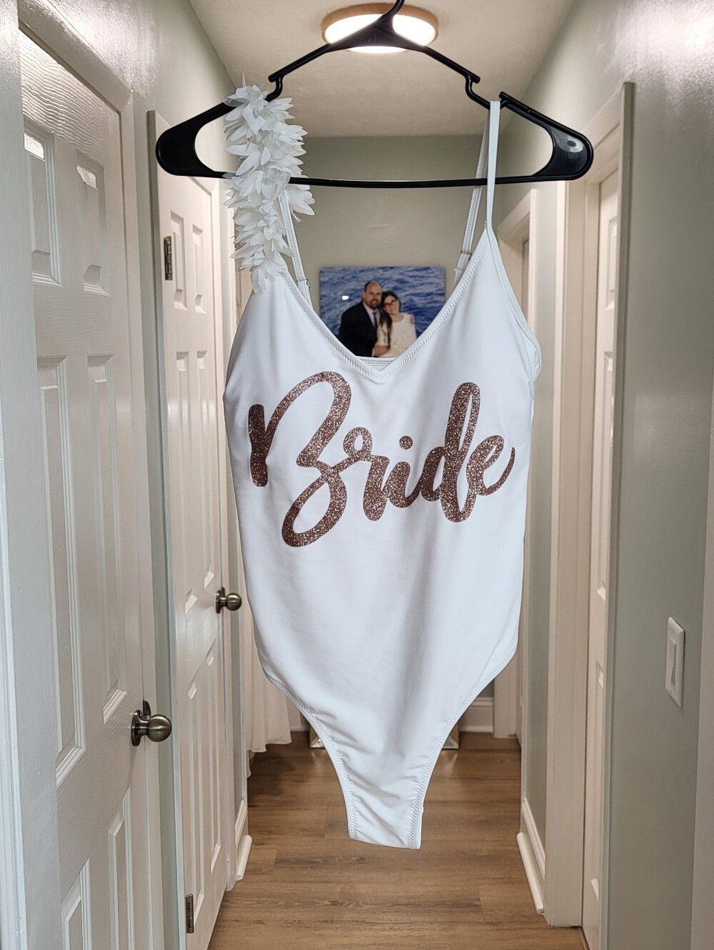 Bride One-Piece Swimsuit with Rose Gold Glitter Script